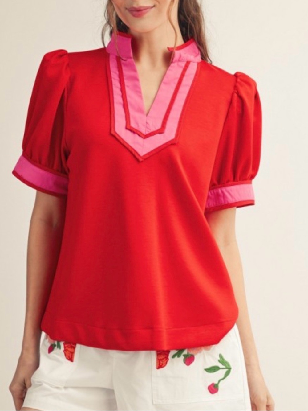 JODIFL Red V-Notch Puff Sleeve Top with Pink Trim